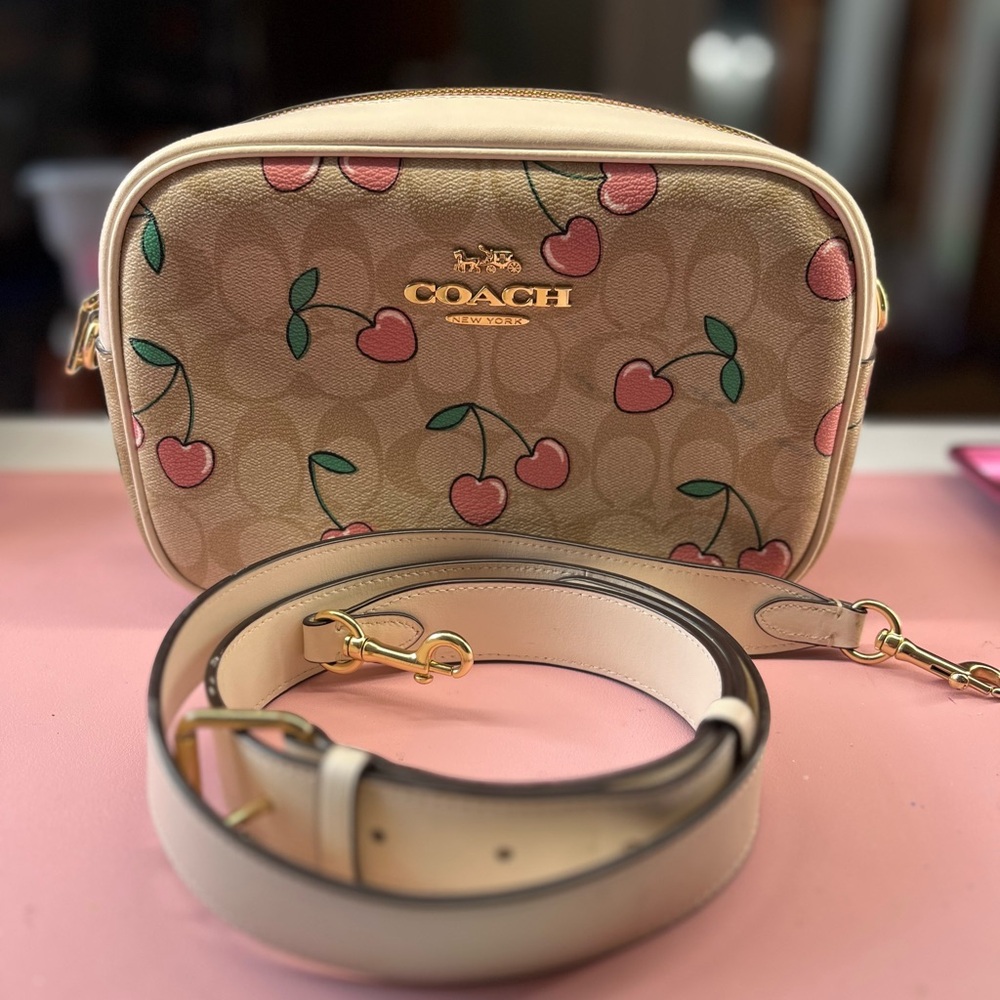Coach Beige Cherry Crossbody Bag with Cream Strap